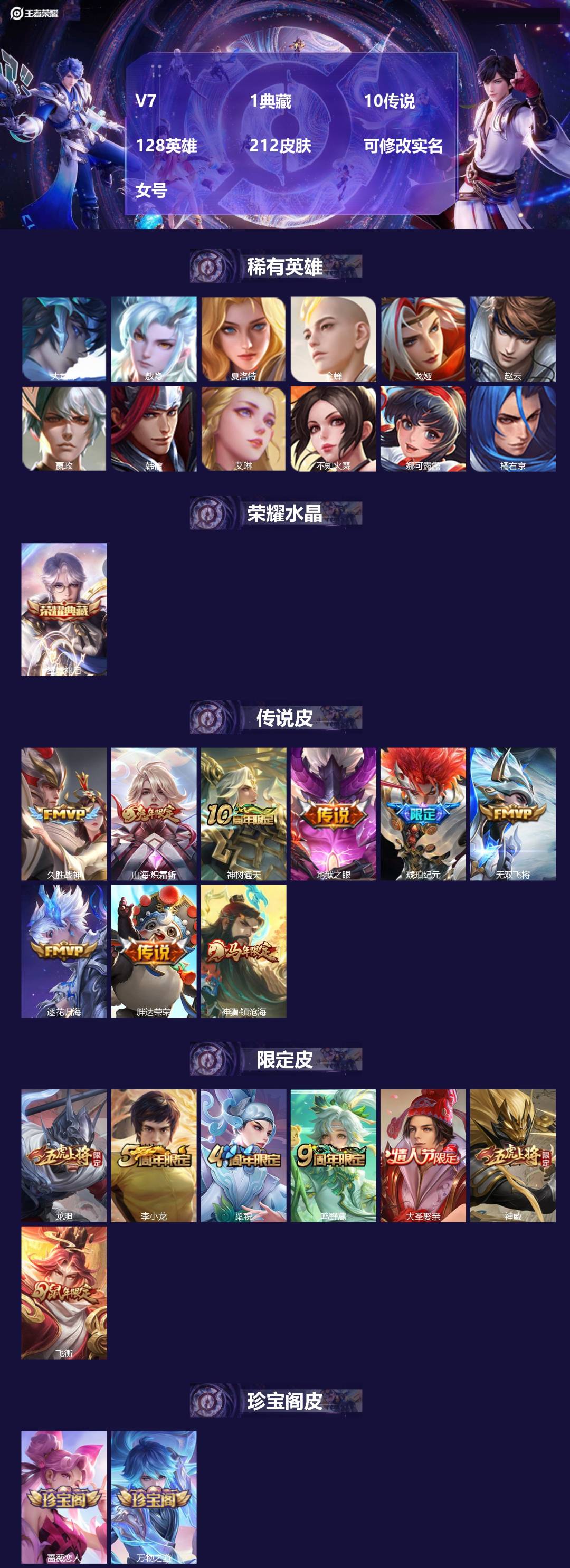 王者荣耀账号苹果QQ[]V7 1典藏 10传说 128英雄 212皮肤 可修改实名 女号 
【英雄全皮】蚩奼全皮,大禹全