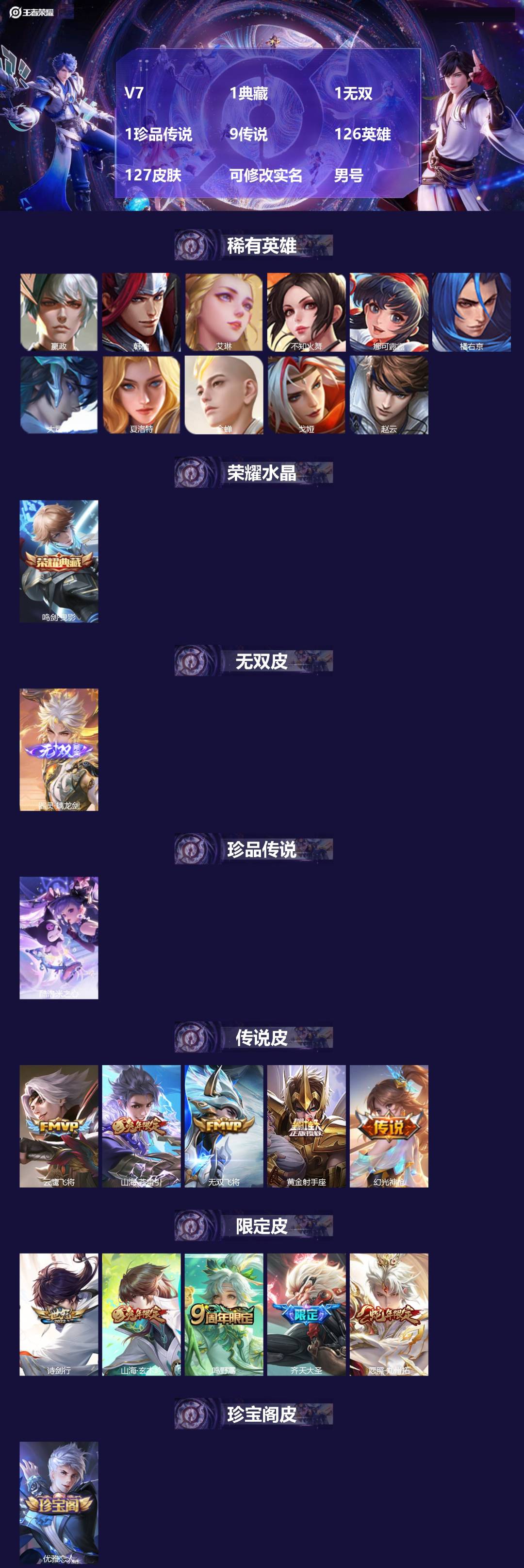 王者荣耀账号苹果QQV7 1典藏 1无双 1珍品传说 9传说 126英雄 127皮肤 可修改实名 男号 
【稀有英雄】大