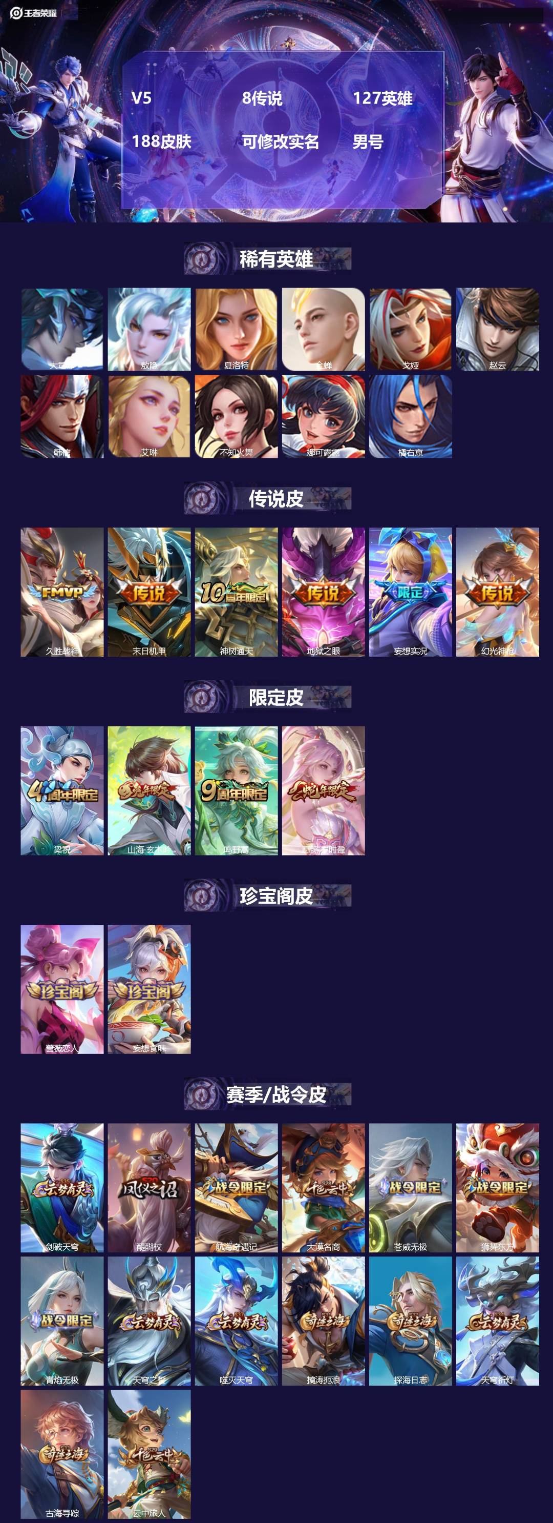 王者荣耀账号安卓QQ[]V5 8传说 127英雄 188皮肤 可修改实名 男号 
【英雄全皮】敖隐全皮,蚩奼全皮,大禹全