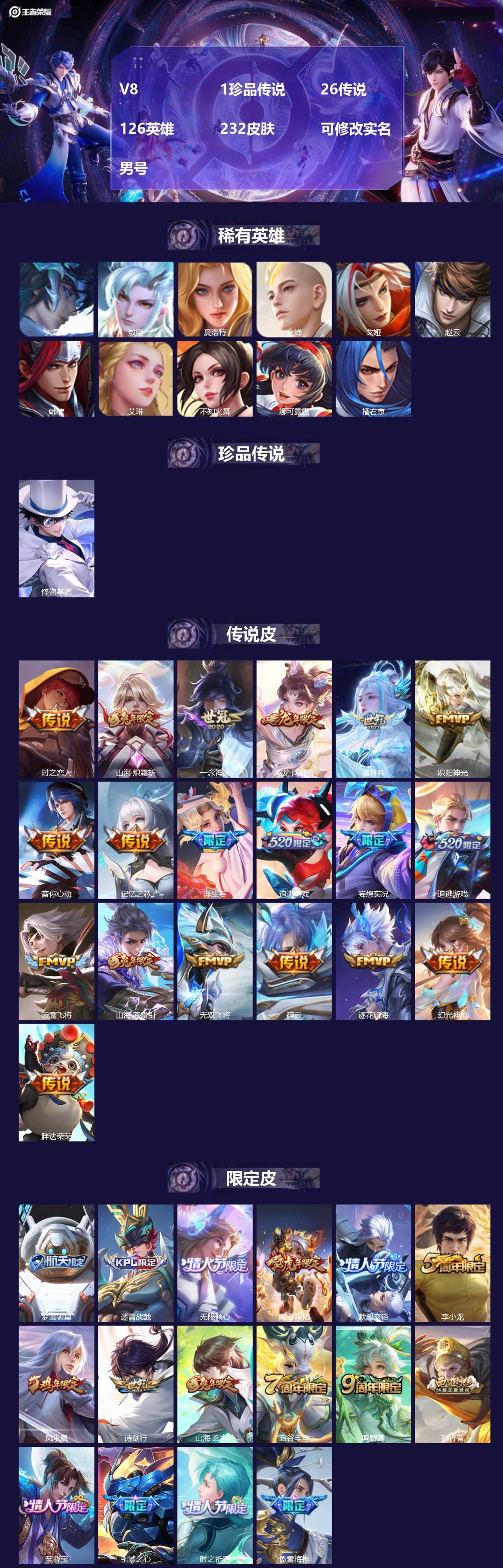 王者荣耀账号安卓QQV8 1珍品传说 26传说 126英雄 232皮肤 可修改实名 男号 
【英雄全皮】孙权全皮,影全皮