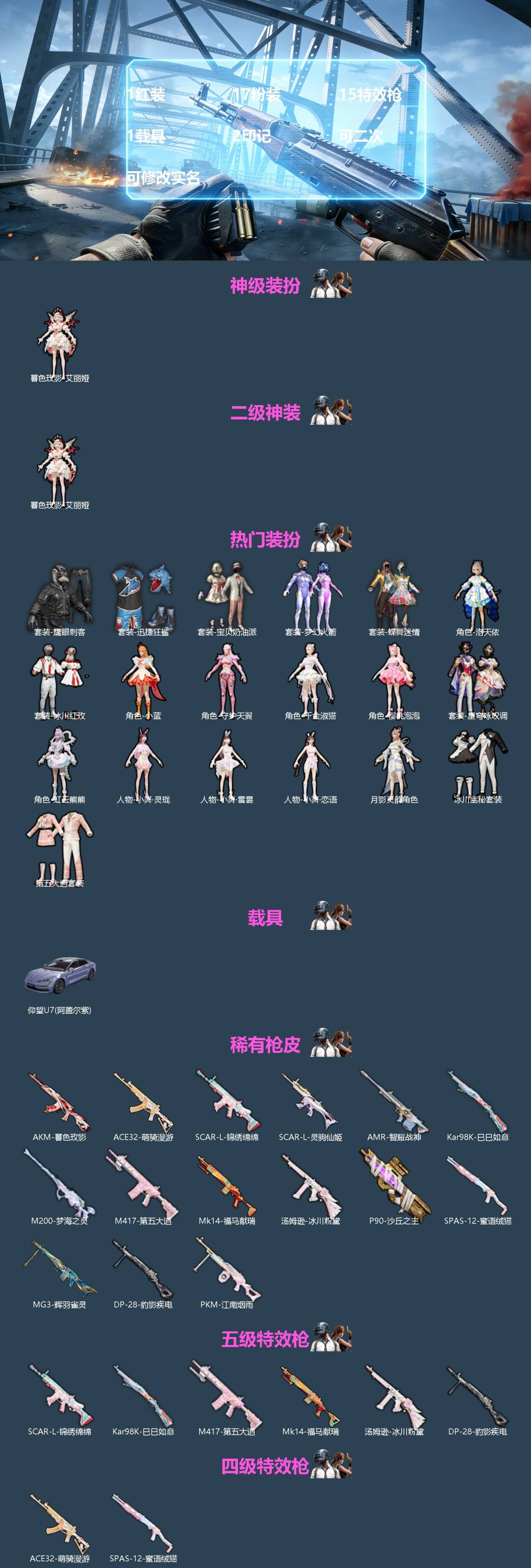 和平精英账号苹果QQ[]1红装 17粉装 15特效枪 1载具 2印记 可二次 可修改实名 
【二级神装】二级暮色玫影-艾