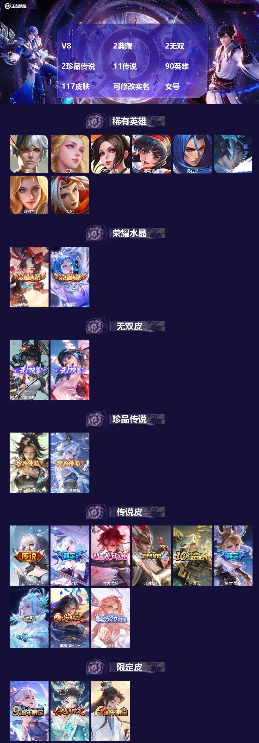 王者荣耀账号安卓QQ[]V8 2典藏 2无双 2珍品传说 11传说 90英雄 117皮肤 可修改实名 女号 
【英雄全皮