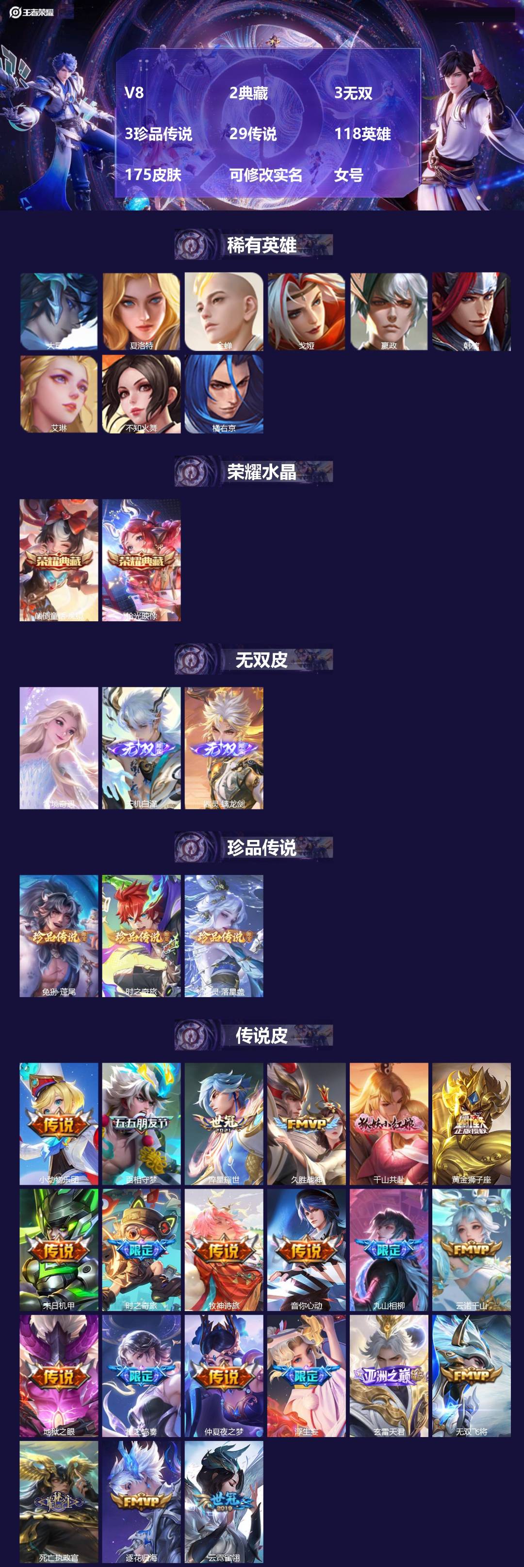 王者荣耀账号安卓QQ[]V8 2典藏 3无双 3珍品传说 29传说 118英雄 175皮肤 可修改实名 女号 
【英雄全