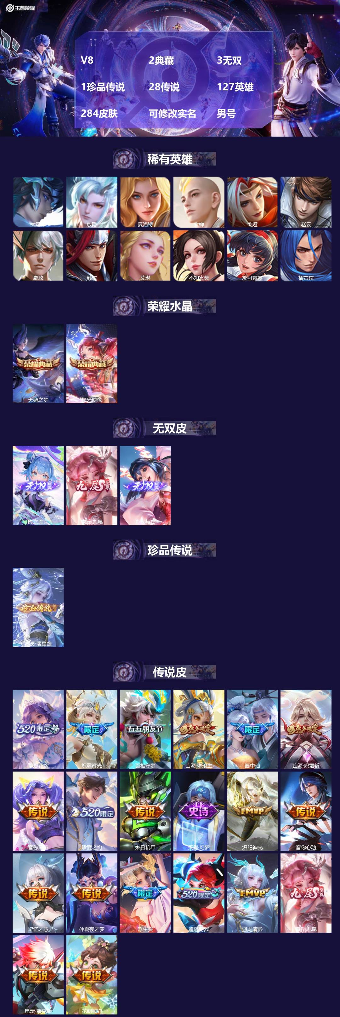 王者荣耀账号苹果QQ[17899820]V8 2典藏 3无双 1珍品传说 28传说 127英雄 284皮肤 可修改实名 