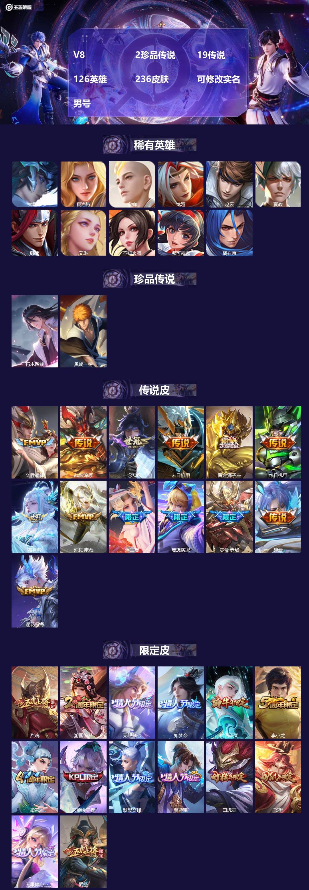 王者荣耀账号苹果QQ[17899838]V8 2珍品传说 19传说 126英雄 236皮肤 可修改实名 男号 
【英雄全