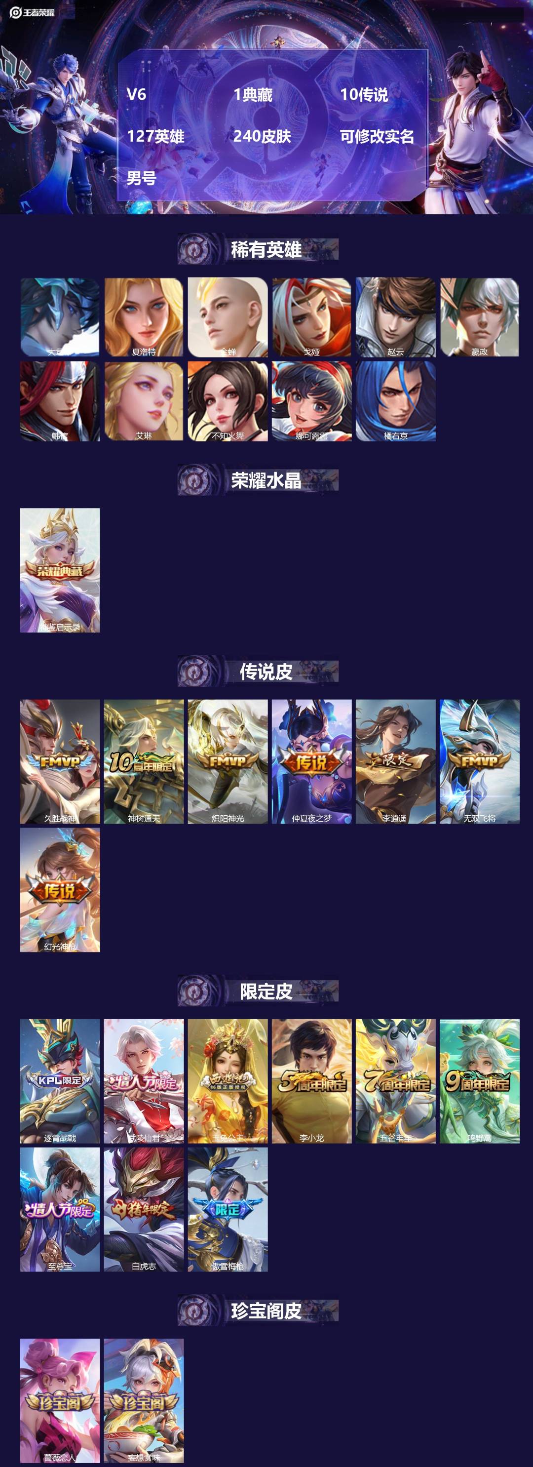 王者荣耀账号安卓QQ[17903555]V6 1典藏 10传说 127英雄 240皮肤 可修改实名 男号 
【英雄全皮】