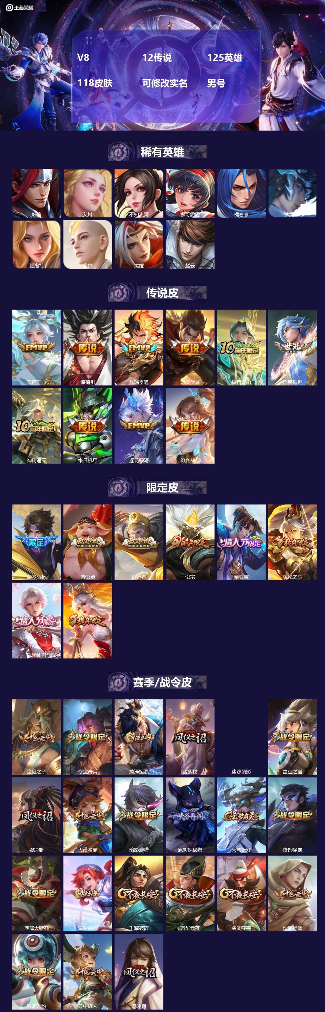 王者荣耀账号安卓QQ[]V8 12传说 125英雄 118皮肤 可修改实名 男号 
【英雄全皮】孙权全皮,蚩奼全皮
【稀