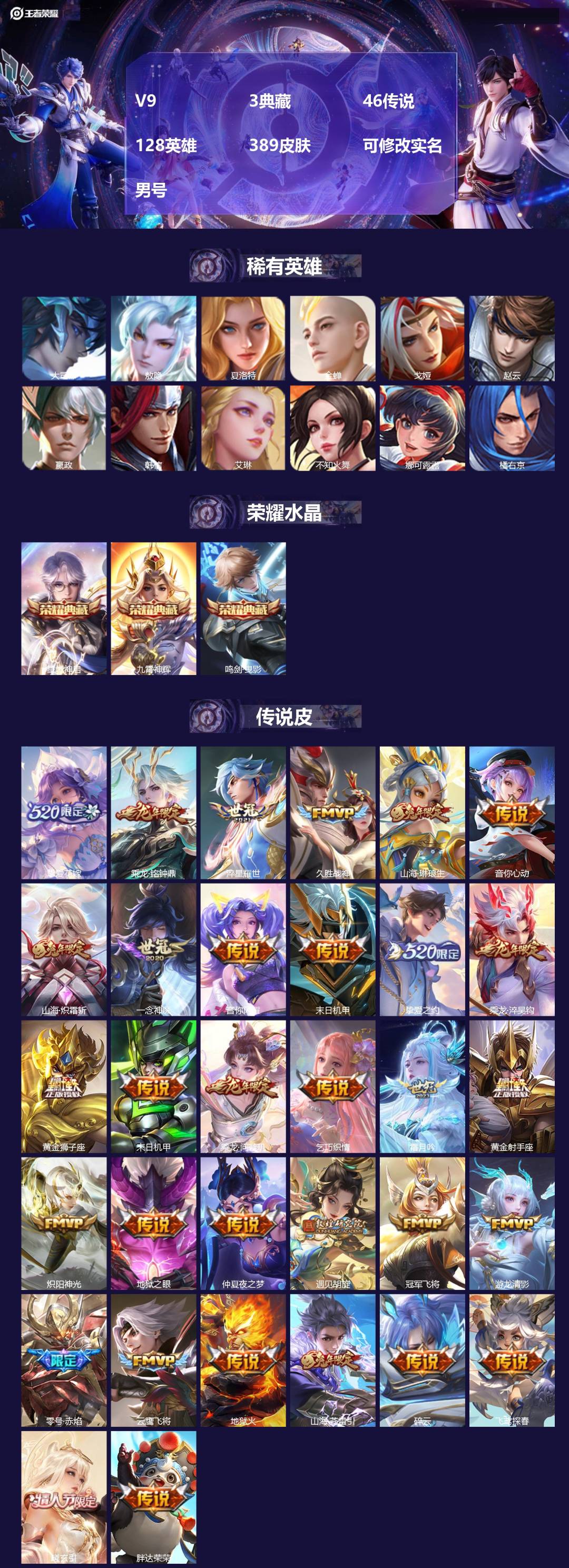 王者荣耀账号安卓QQ[17906309]V9 3典藏 46传说 128英雄 389皮肤 可修改实名 男号 
【英雄全皮】