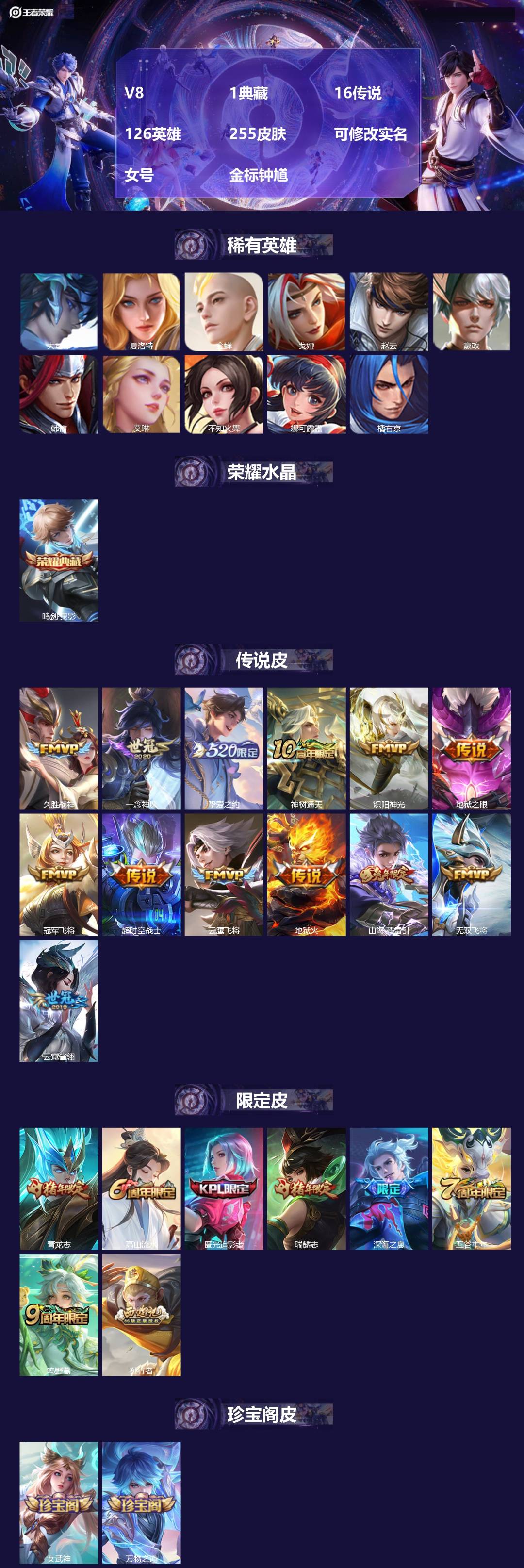 王者荣耀账号安卓QQ[17908342]V8 1典藏 16传说 126英雄 255皮肤 可修改实名 女号 金标钟馗
【稀