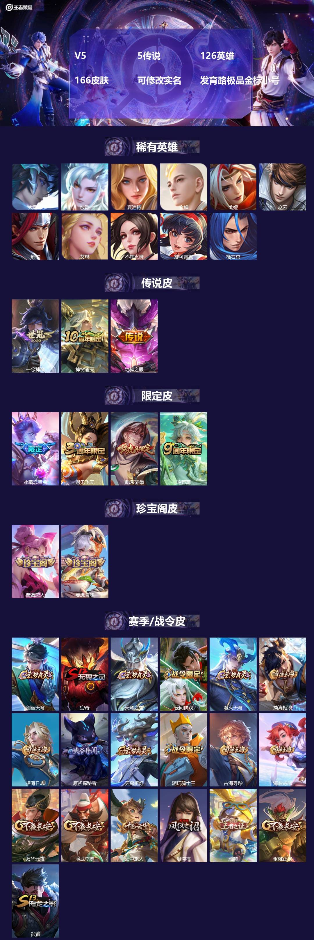 王者荣耀账号安卓VX[]V5 5传说 126英雄 166皮肤 可修改实名 
【英雄全皮】敖隐全皮,孙权全皮 
【稀有英雄