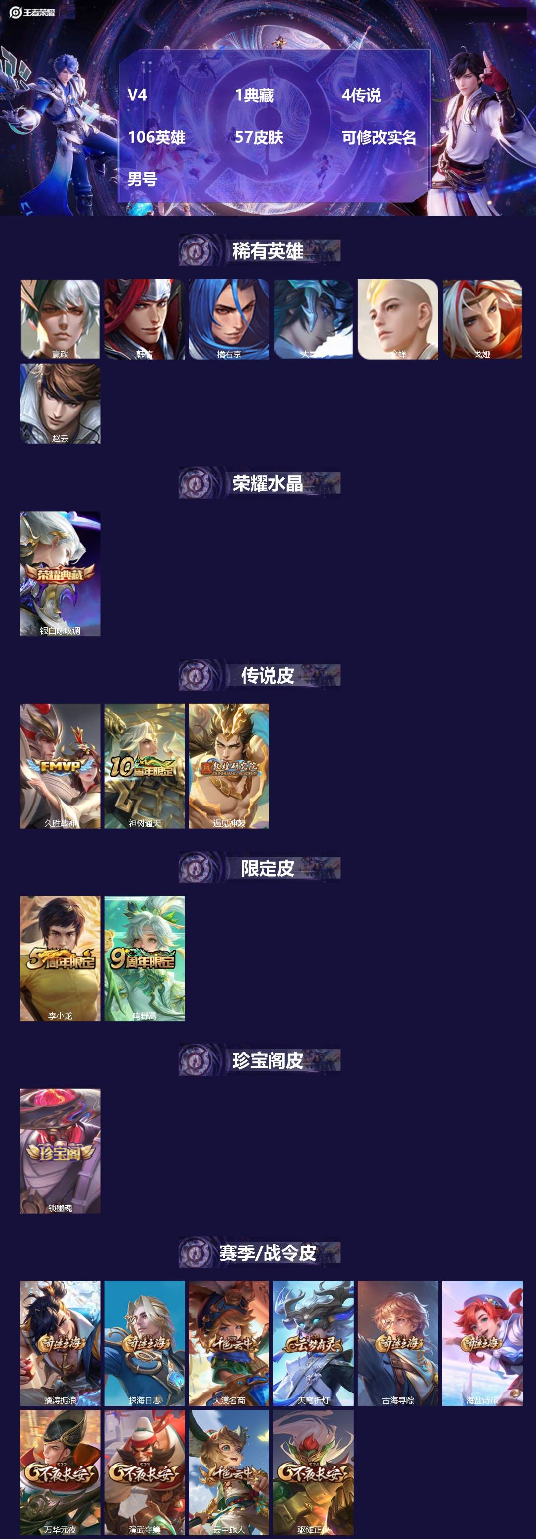 王者荣耀账号安卓QQ[]V4 1典藏 4传说 106英雄 57皮肤 可修改实名 男号 
【英雄全皮】蚩奼全皮
【稀有英雄