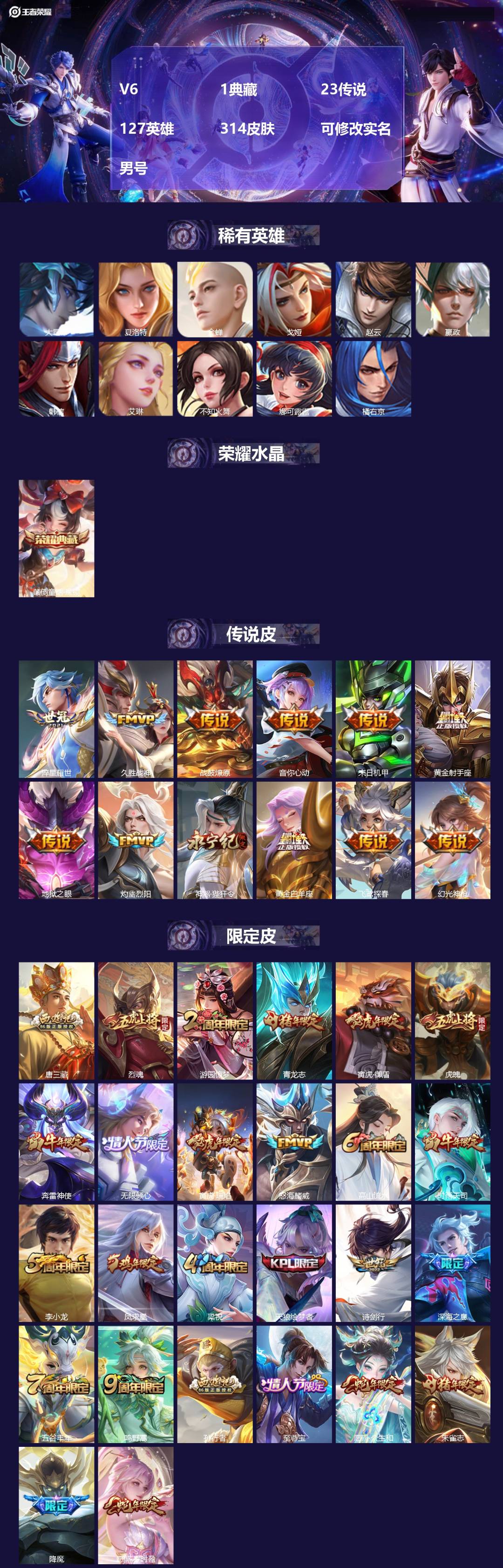 王者荣耀账号安卓QQ[17926724]V6 1典藏 23传说 127英雄 314皮肤 可修改实名 男号 
【英雄全皮】