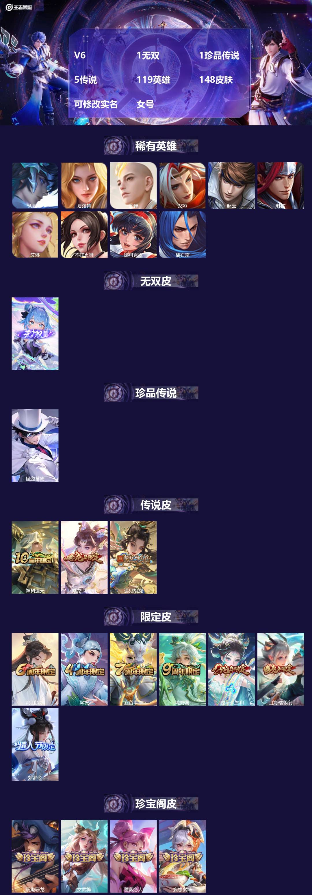 王者荣耀账号苹果QQ[17904575]V6 1无双 1珍品传说 5传说 119英雄 148皮肤 可修改实名 女号
【英