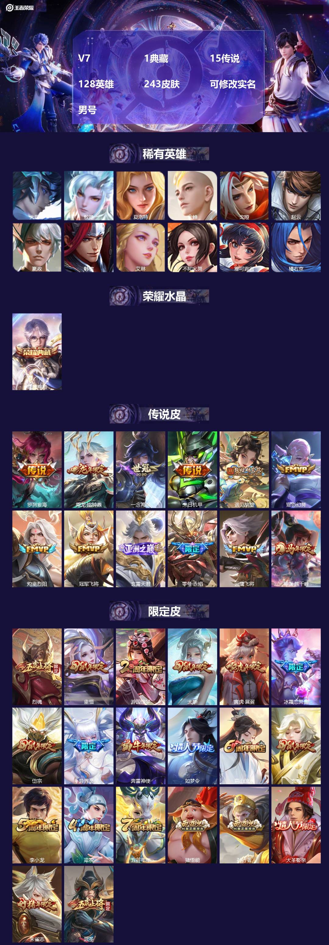 王者荣耀账号苹果QQ[17934289]V7 1典藏 15传说 128英雄 243皮肤 可修改实名 男号 
【英雄全皮】