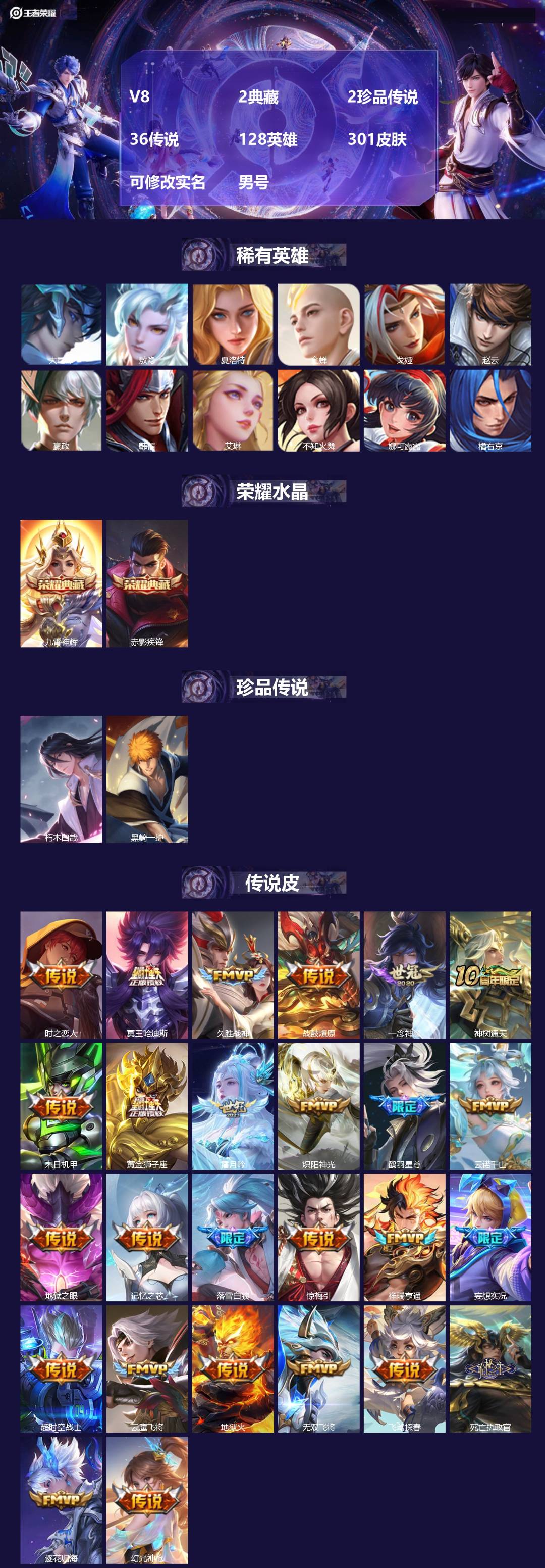 王者荣耀账号苹果QQ[17934452]V8 2典藏 2珍品传说 36传说 128英雄 301皮肤 可修改实名 男号 
