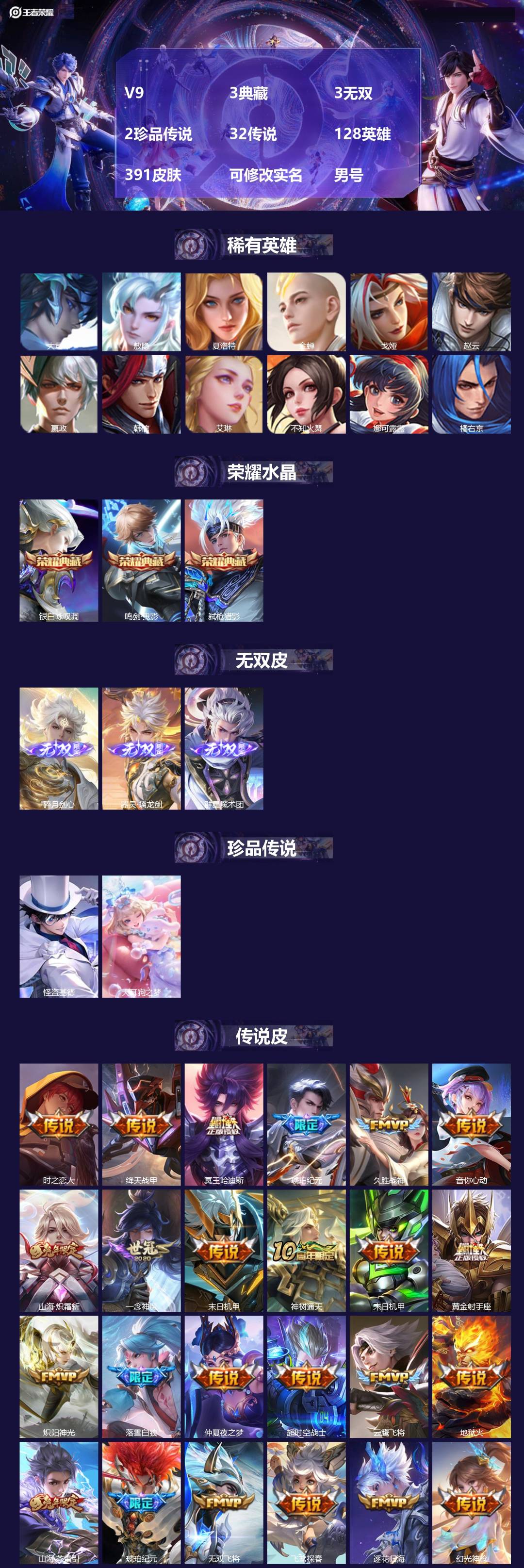 王者荣耀账号安卓QQ[]V9 3典藏 3无双 2珍品传说 32传说 128英雄 391皮肤 可修改实名 男号 
【英雄全