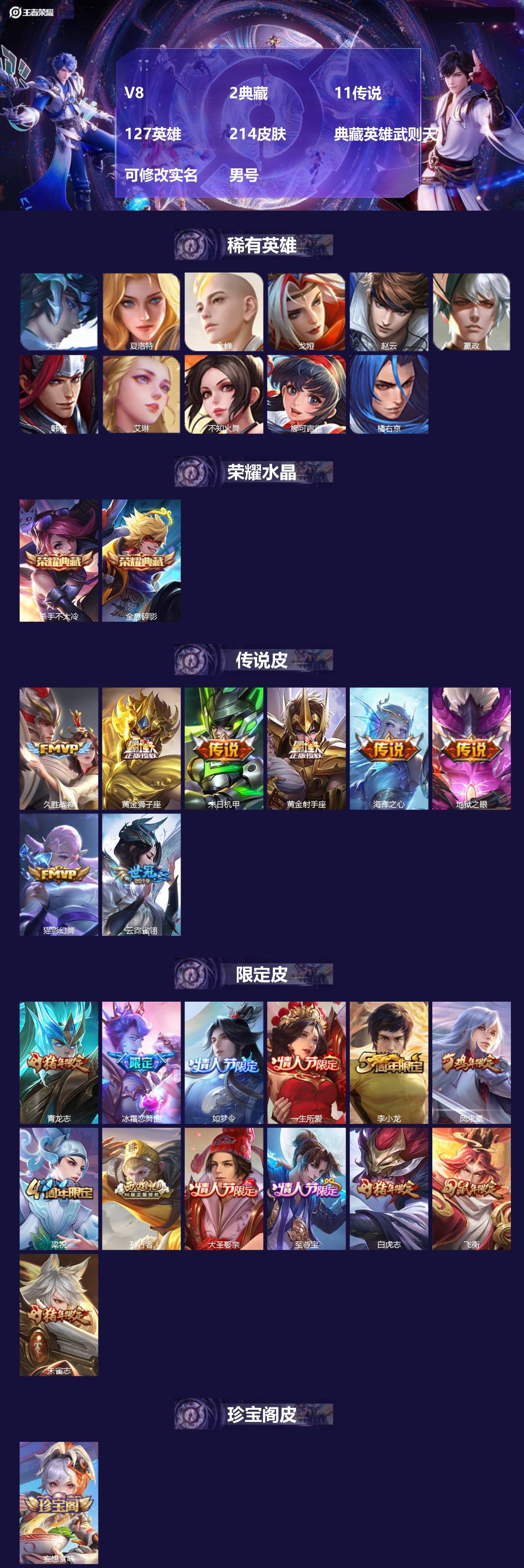王者荣耀账号苹果QQ[]V8 2典藏 11传说 127英雄 214皮肤 典藏英雄武则天 可修改实名 男号 
【稀有英雄】