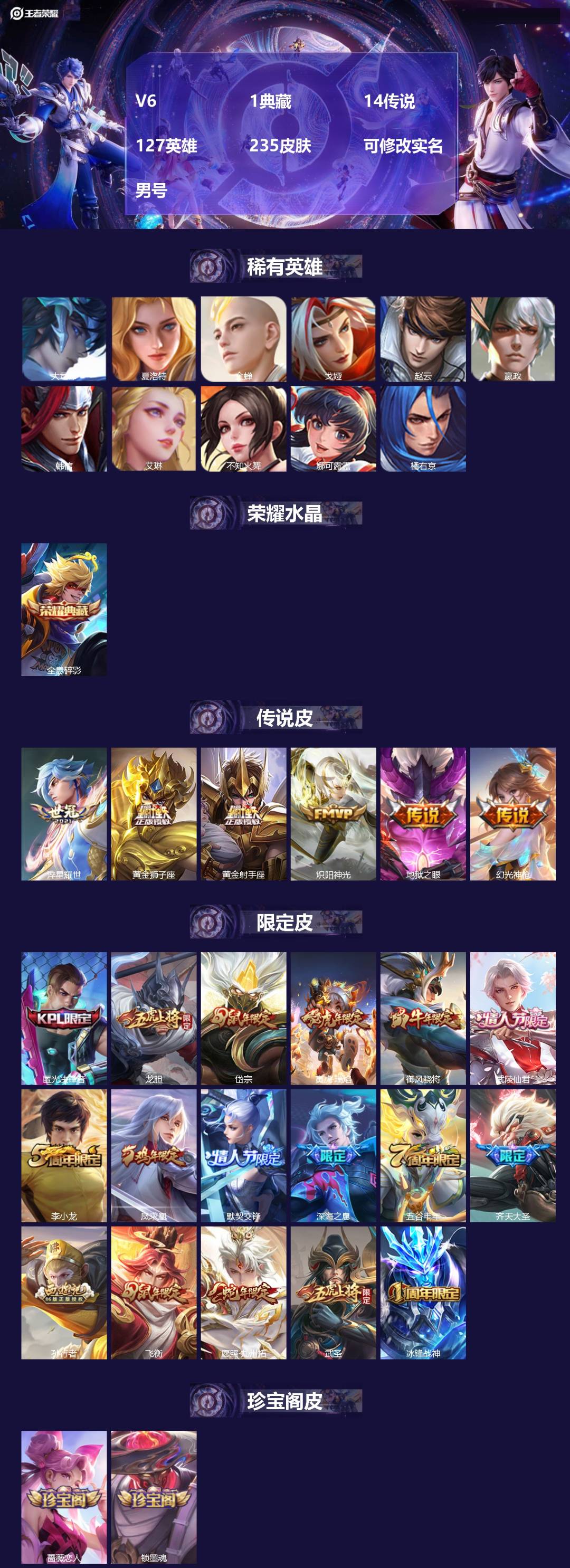 王者荣耀账号安卓QQ[17940092]V6 1典藏 14传说 127英雄 235皮肤 可修改实名 男号 
【英雄全皮】