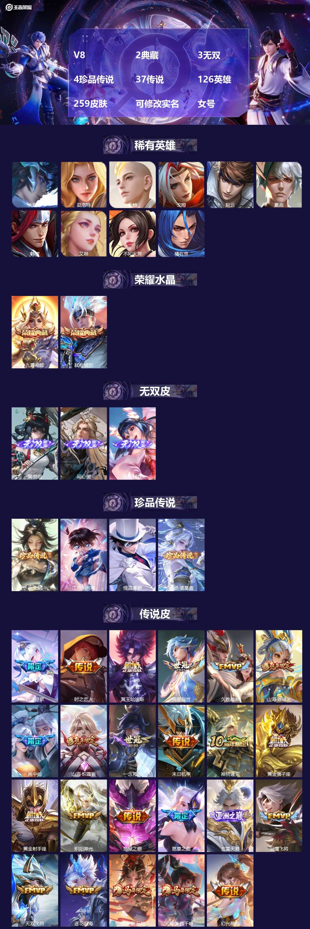 王者荣耀账号安卓VX126英雄-259皮肤-[]V8 2典藏 3无双 4珍品传说 37传说 126英雄 259皮肤 可修