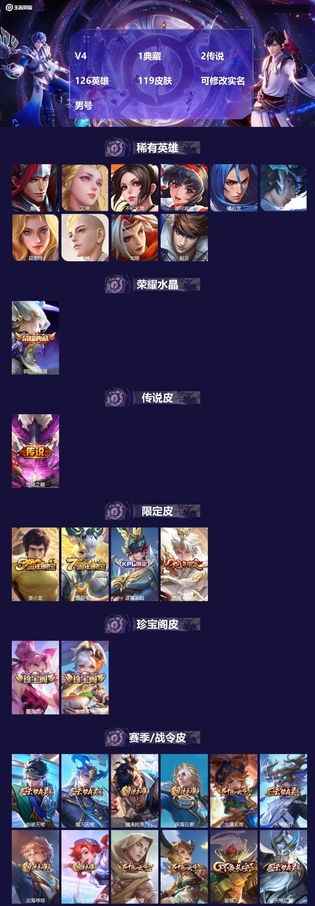 王者荣耀账号安卓QQ[]V4 1典藏 2传说 126英雄 119皮肤 可修改实名 男号 
【英雄全皮】孙权全皮,大禹全皮