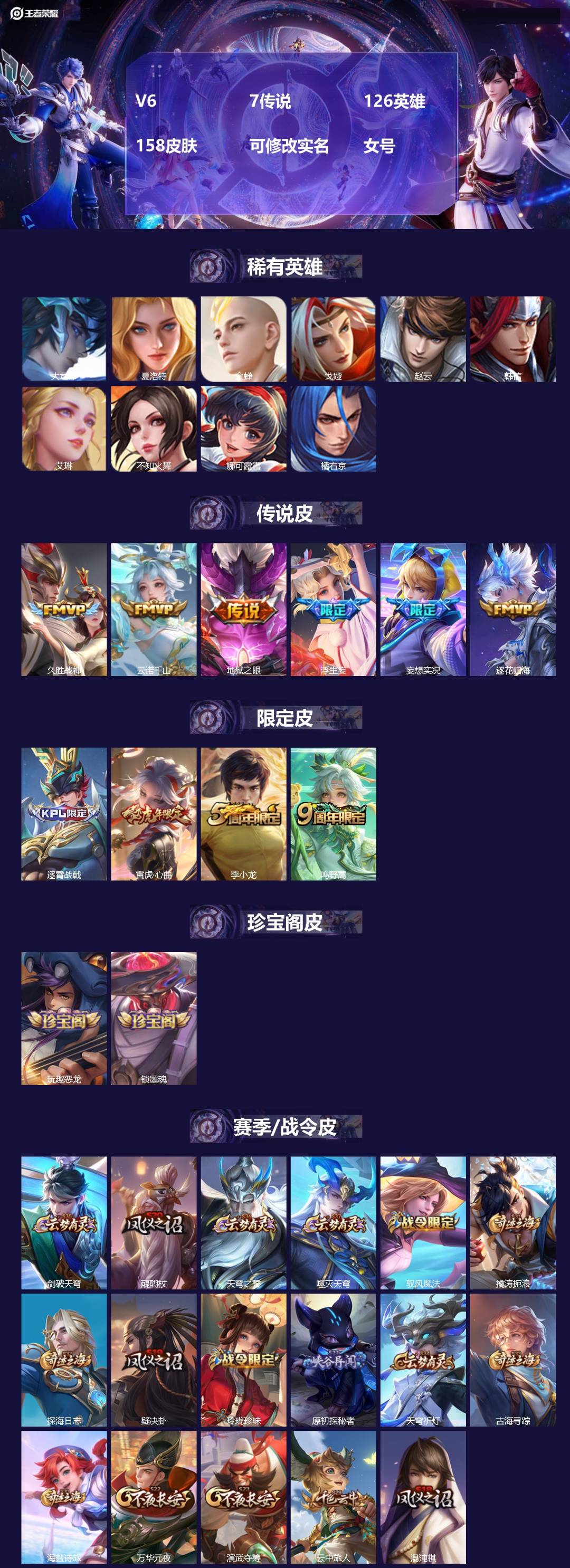 王者荣耀账号安卓QQ[]V6 7传说 126英雄 158皮肤 可修改实名 女号 
【英雄全皮】蚩奼全皮,大禹全皮
【稀有