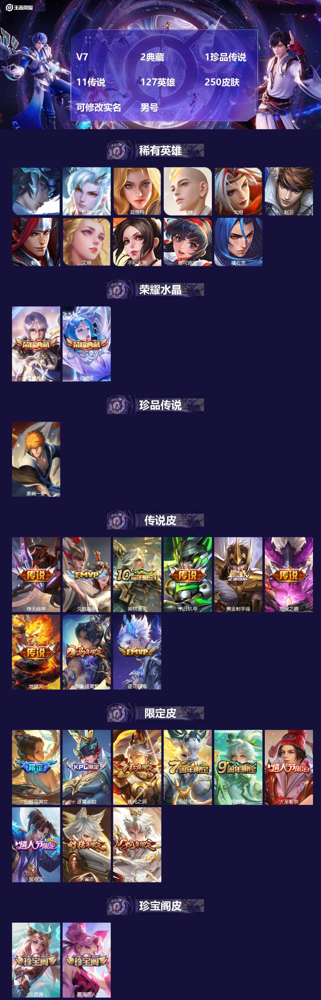 王者荣耀账号苹果QQ[]V7 2典藏 1珍品传说 11传说 127英雄 250皮肤 可修改实名 男号 
【英雄全皮】敖隐