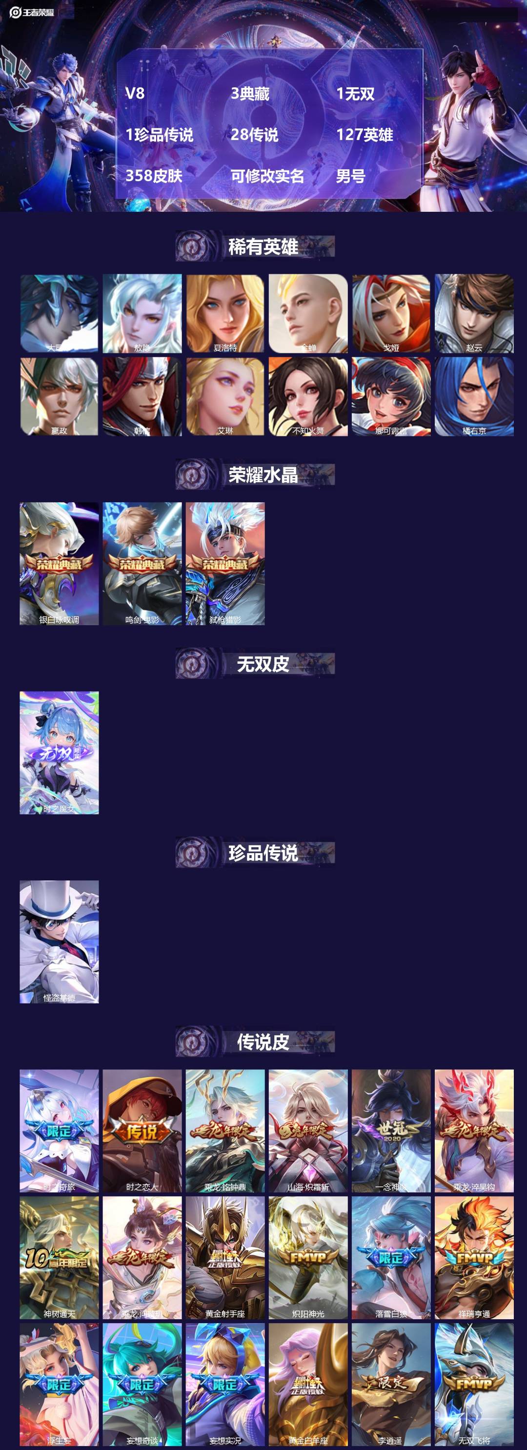 王者荣耀账号苹果QQ[17947114]V8 3典藏 1无双 1珍品传说 28传说 127英雄 358皮肤 可修改实名 