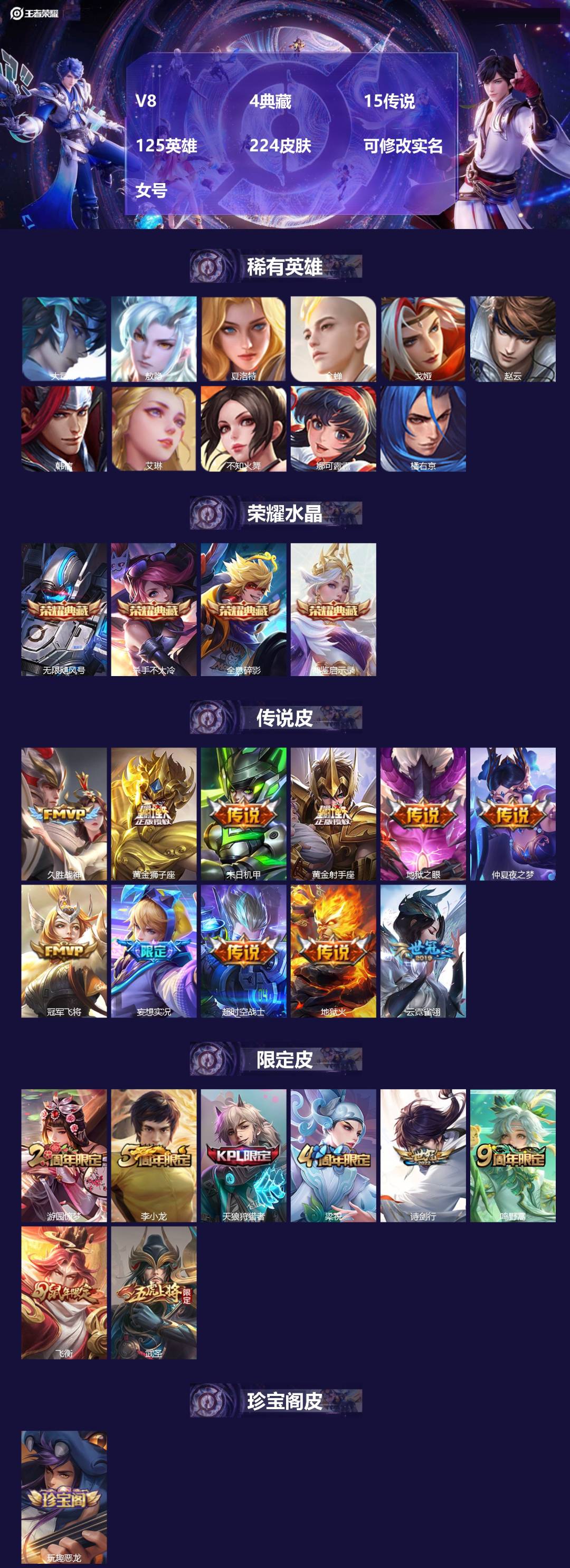 王者荣耀账号苹果QQ[]V8 4典藏 15传说 125英雄 224皮肤 可修改实名 女号 
【英雄全皮】影全皮
【稀有英