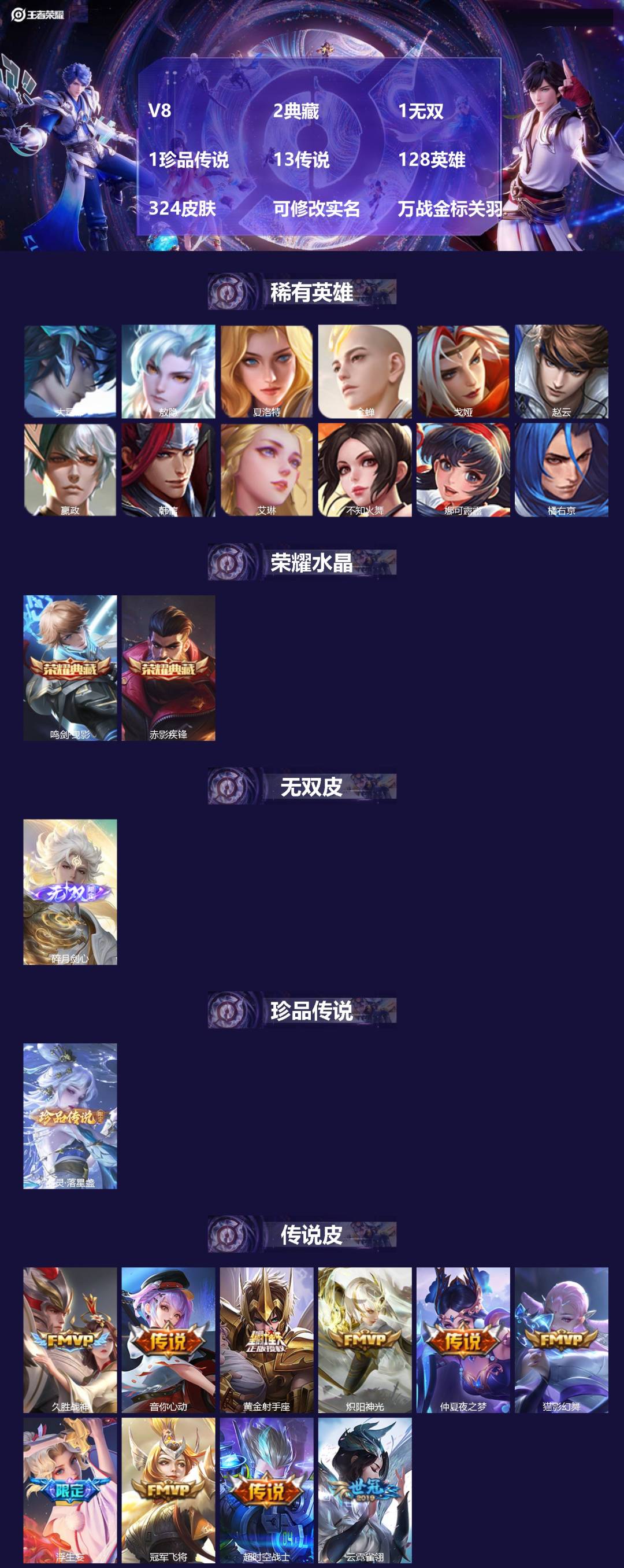 王者荣耀账号安卓QQ[]V8 2典藏 1无双 1珍品传说 13传说 128英雄 324皮肤 可修改实名 万战金标关羽 
