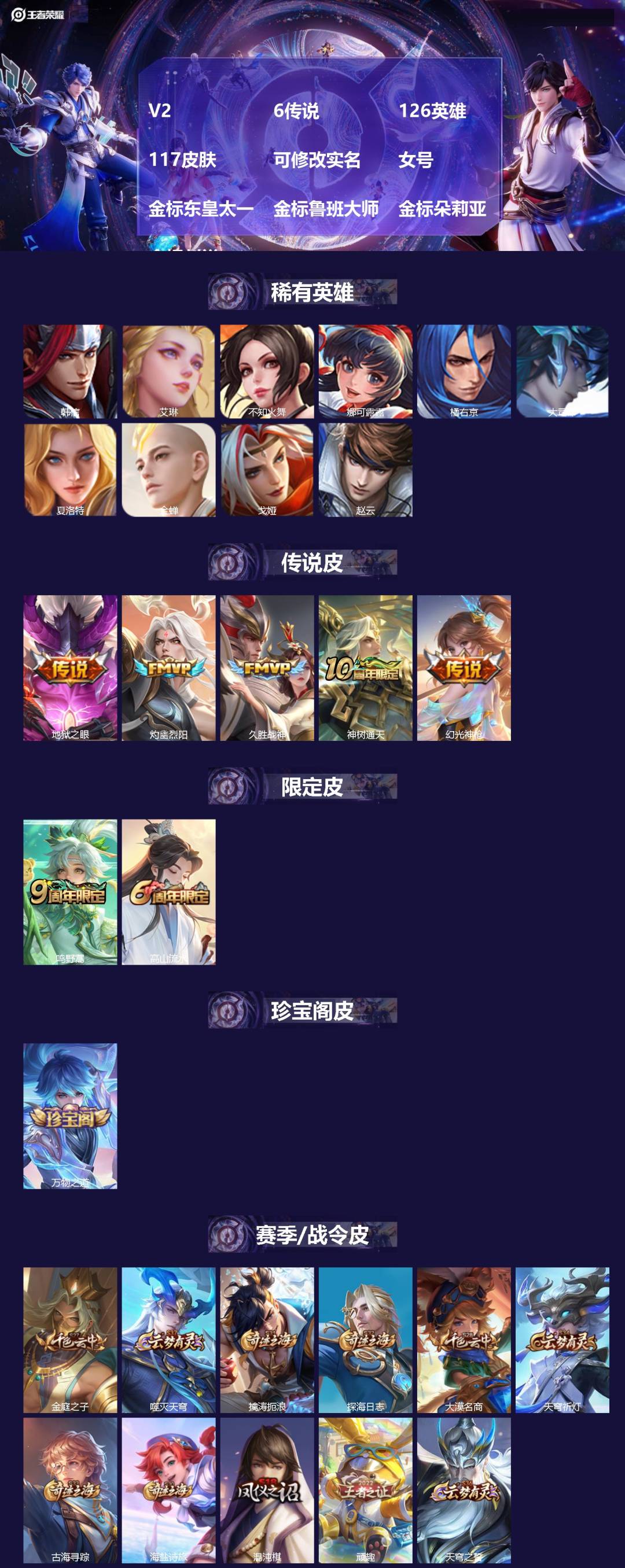 王者荣耀账号安卓VX[]V2 6传说 126英雄 117皮肤 可修改实名 女号 金标东皇太一 金标鲁班大师 金标朵莉亚 