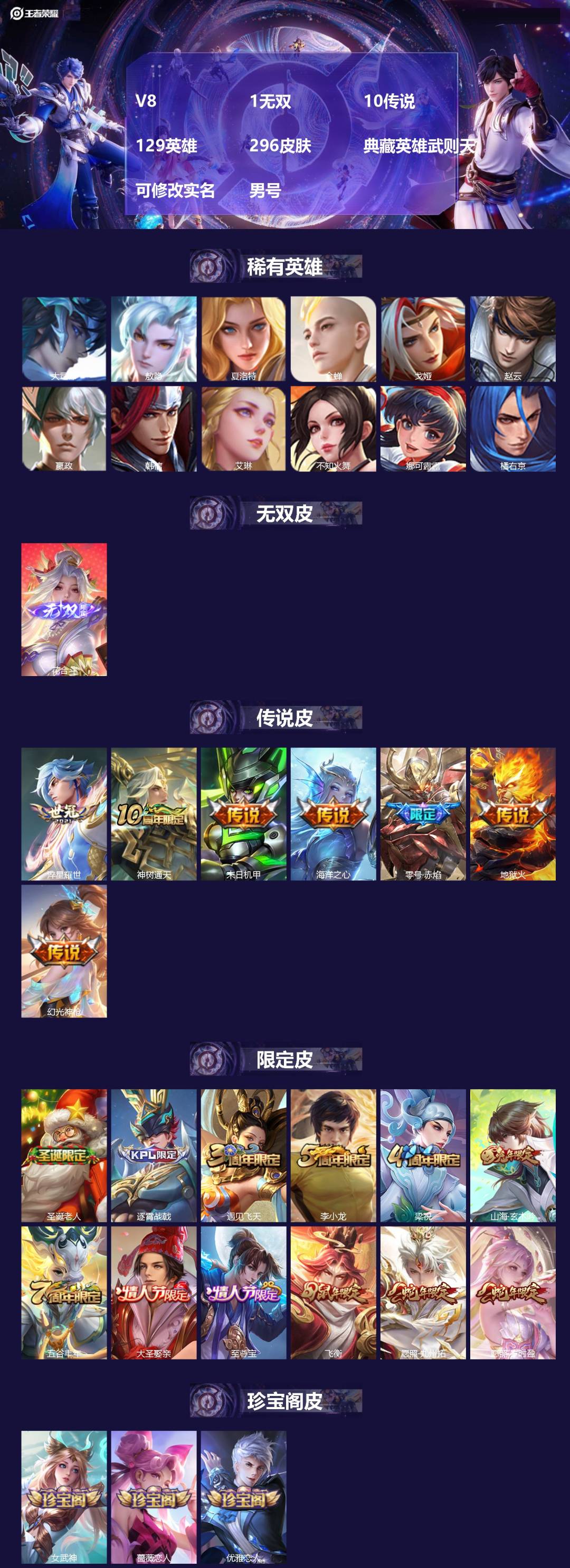 王者荣耀账号苹果QQ[]V8 1无双 10传说 129英雄 296皮肤 典藏英雄武则天 可修改实名 男号 
【英雄全皮】