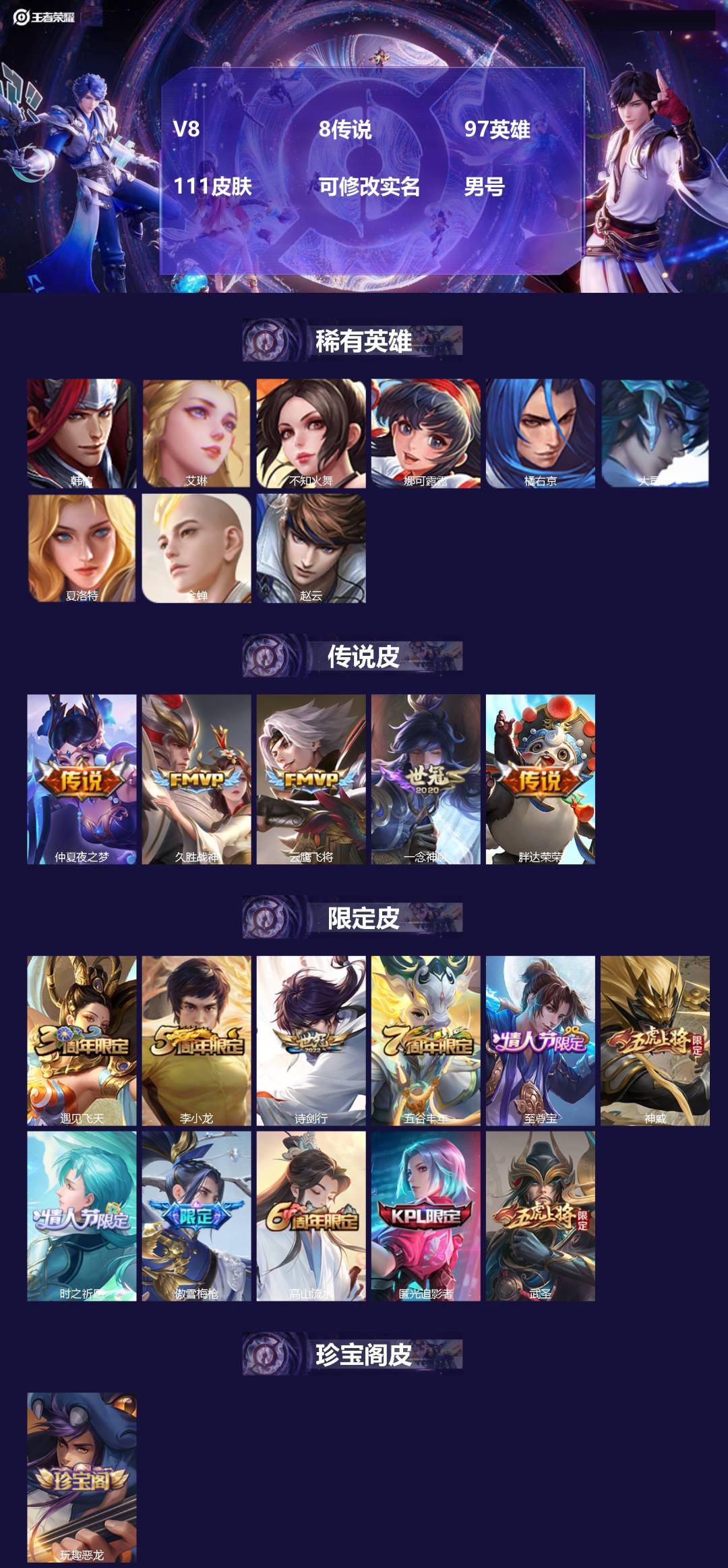 王者荣耀账号安卓QQ[]V8 8传说 97英雄 112皮肤 可修改实名 
【稀有英雄】韩信(韩跳跳),艾琳,不知火舞,娜