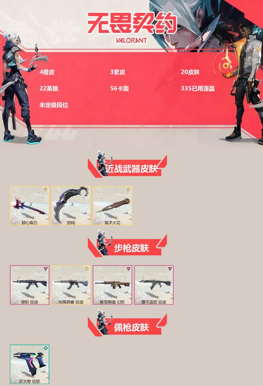 无畏契约账号QQ[]4橙皮 3紫皮 20皮肤 22英雄 56卡面 335已用源晶 未定级段位 
【近战武器皮肤】碎心