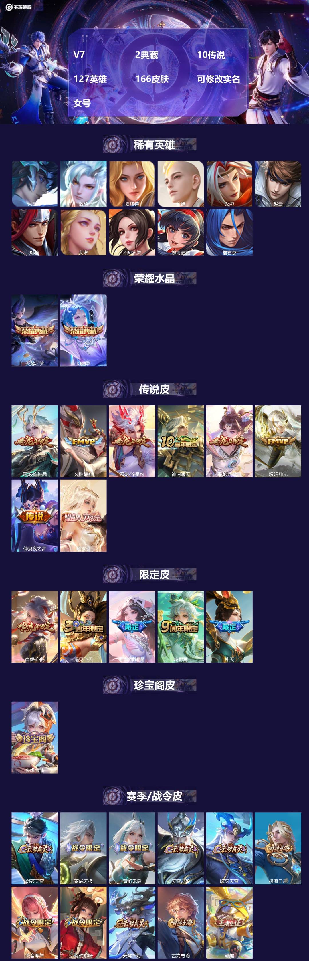王者荣耀账号苹果VXV7 2典藏 10传说 127英雄 166皮肤 可修改实名 女号 
【英雄全皮】敖隐全皮,孙权全皮,