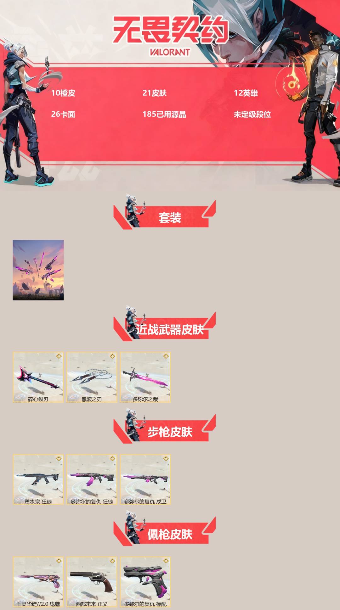 无畏契约账号QQ[]10橙皮 21皮肤 12英雄 26卡面 185已用源晶 未定级段位 
【套装】多弥尔的复仇
【近