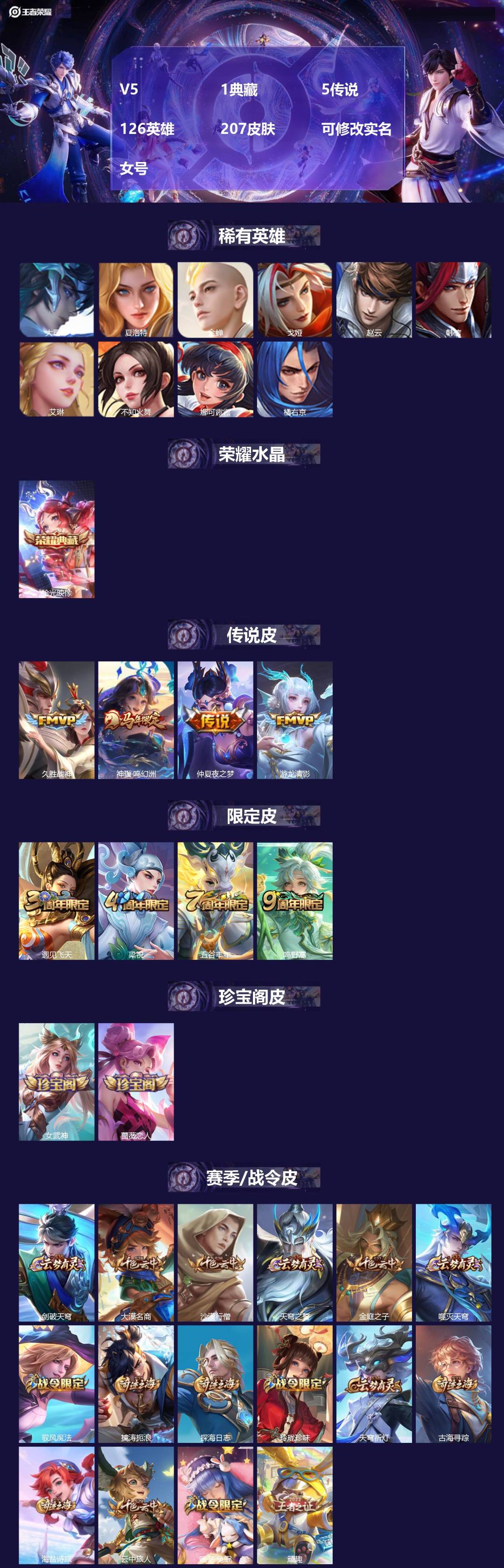 王者荣耀账号安卓QQ[]V5 1典藏 5传说 126英雄 207皮肤 可修改实名 
【英雄全皮】少司缘全皮,孙权全皮,蚩