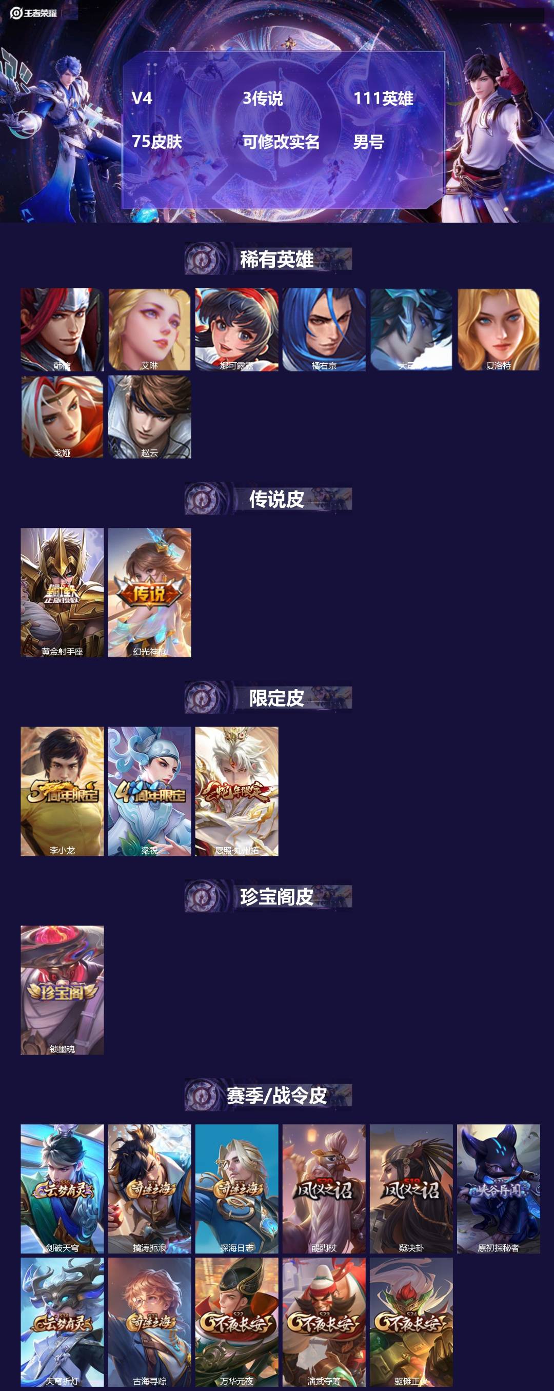 王者荣耀账号安卓VX[]V4 3传说 111英雄 75皮肤 可修改实名 男号 
【稀有英雄】大司命,韩信(韩跳跳),夏洛