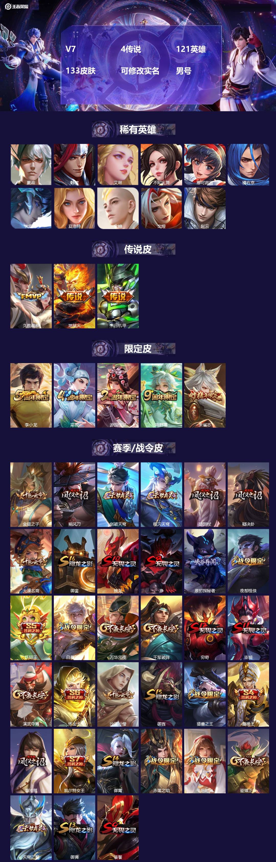 王者荣耀账号苹果QQ[]V7 4传说 121英雄 133皮肤 可修改实名 
【稀有英雄】嬴政(始皇帝),韩信(韩跳跳),