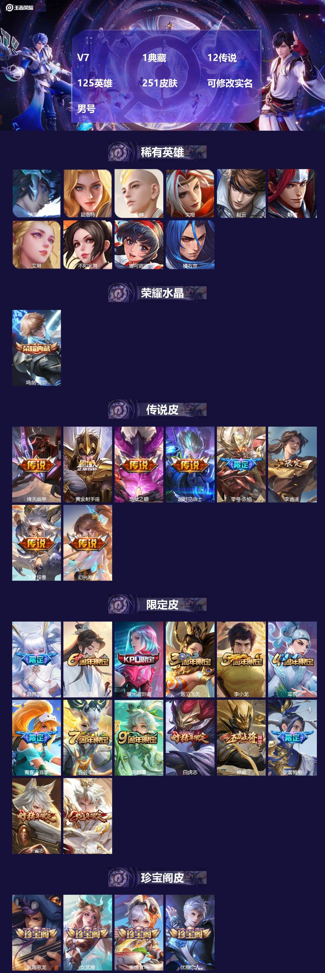 王者荣耀账号安卓QQ[18012437]V7 1典藏 12传说 125英雄 251皮肤 可修改实名 男号 
【英雄全皮】