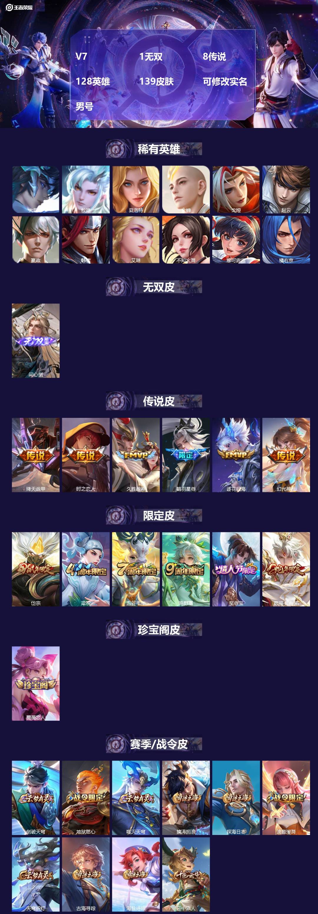 王者荣耀账号苹果QQ[18012447]V7 1无双 8传说 128英雄 139皮肤 可修改实名 
【英雄全皮】敖隐全皮