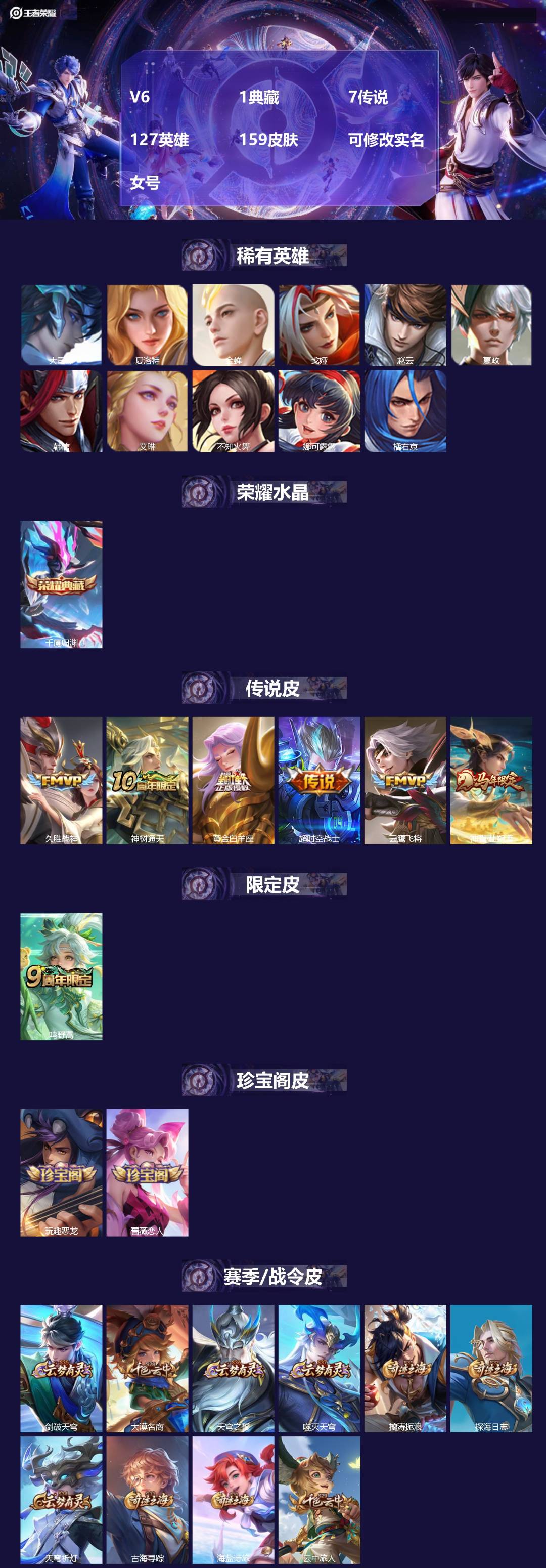 王者荣耀账号苹果QQ[]V6 1典藏 7传说 127英雄 159皮肤 可修改实名 
【英雄全皮】孙权全皮,大禹全皮 
【