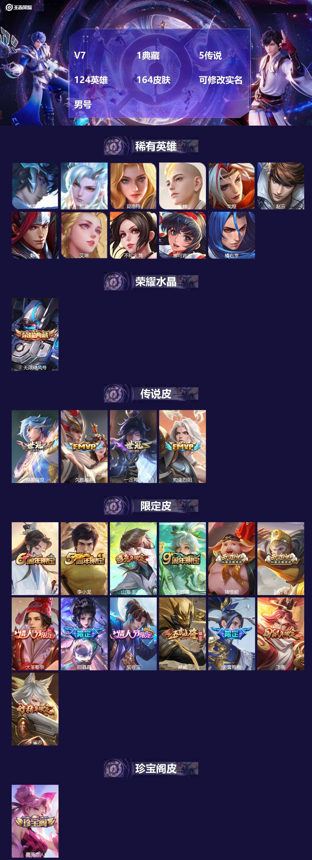 王者荣耀账号苹果QQV7 1典藏 5传说 124英雄 164皮肤 可修改实名 男号 
【稀有英雄】敖隐(小龙人),大司命