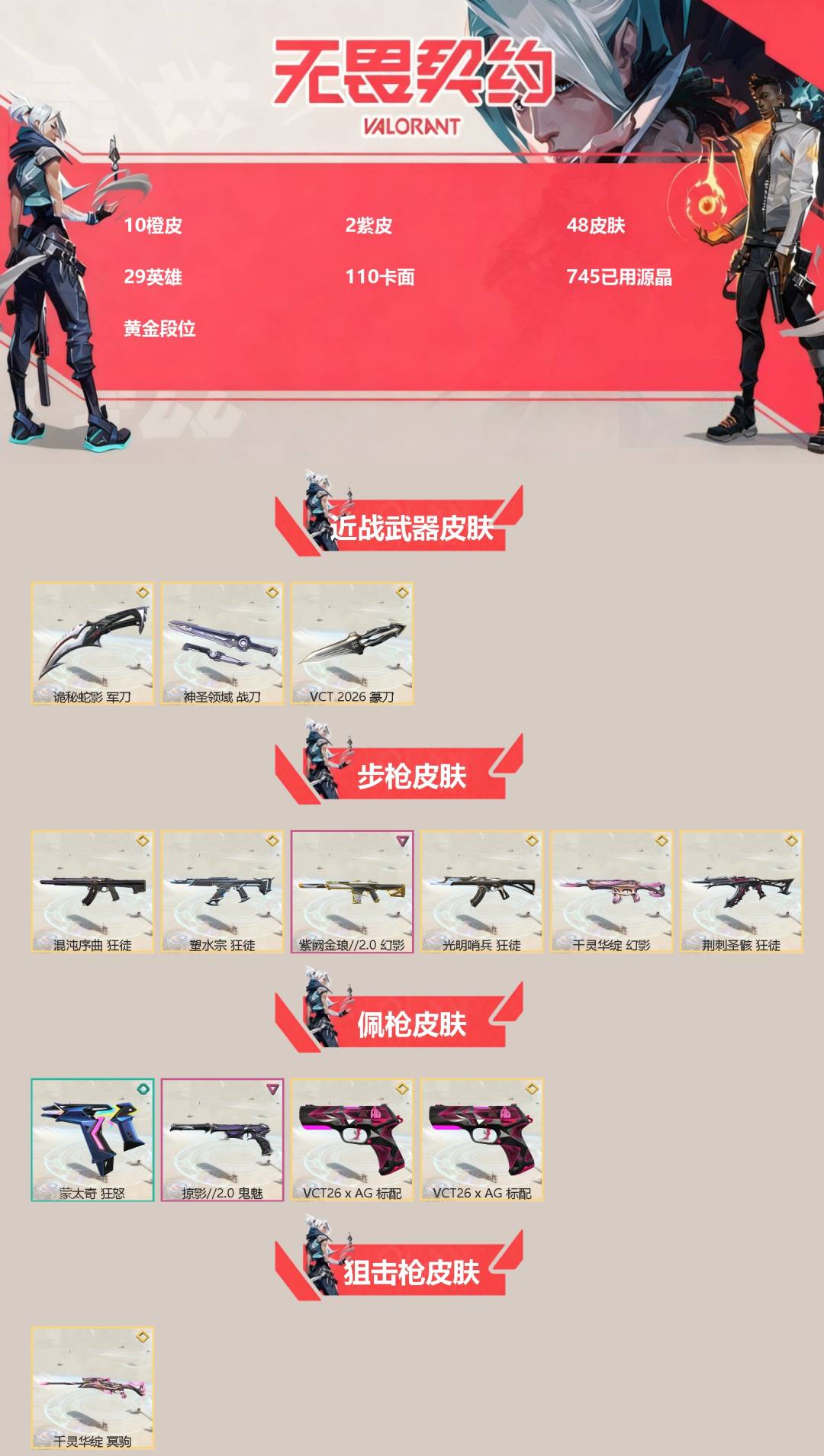 无畏契约账号QQ[]10橙皮 2紫皮 48皮肤 29英雄 110卡面 745已用源晶 黄金段位 
【近战武器皮肤】神