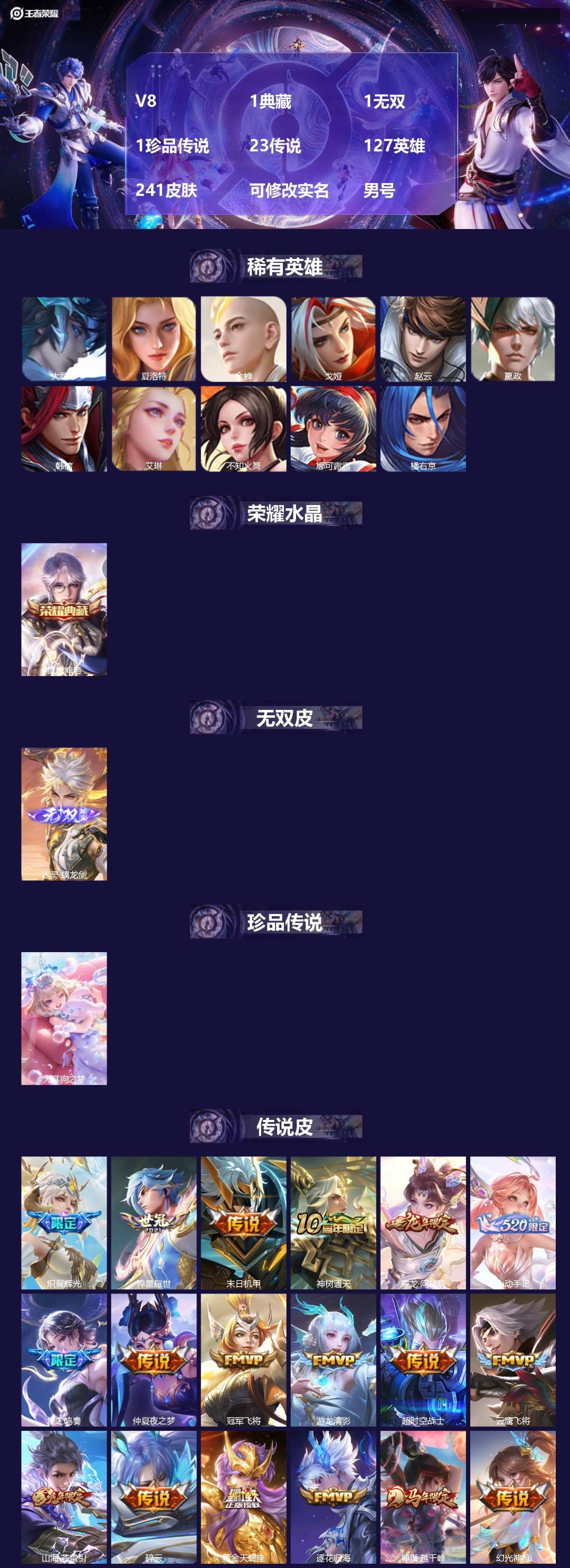 王者荣耀账号安卓QQ[18046384]V8 1典藏 1无双 1珍品传说 23传说 127英雄 241皮肤 可修改实名 