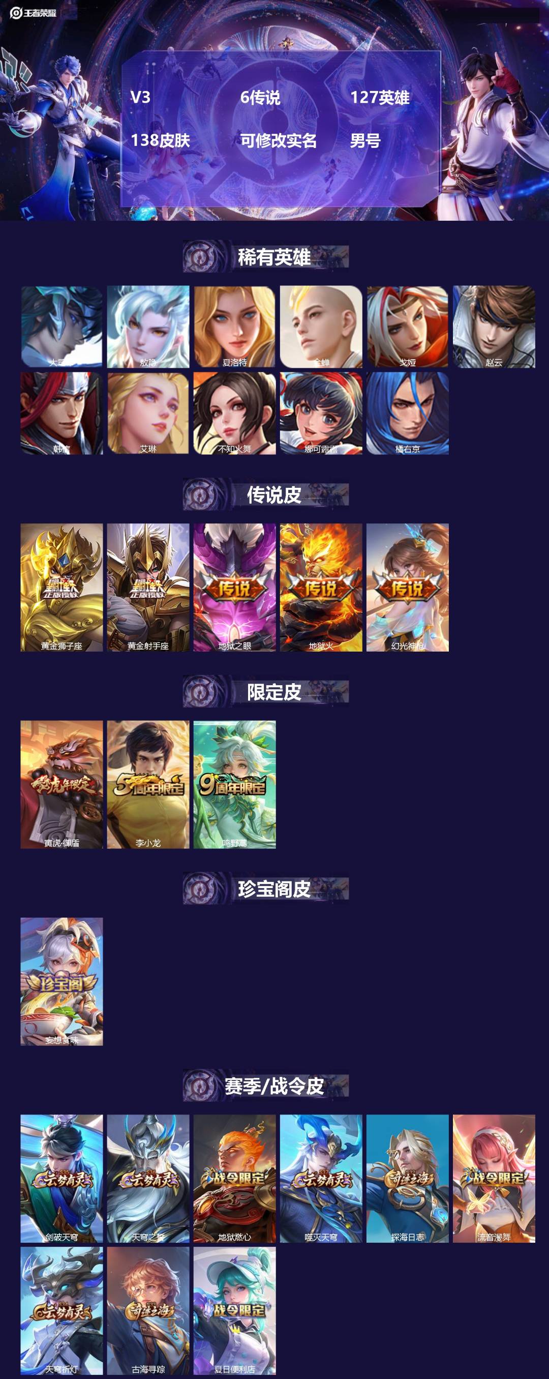 王者荣耀账号苹果QQ[18046579]V3 6传说 127英雄 138皮肤 可修改实名 男号 
【英雄全皮】孙权全皮,