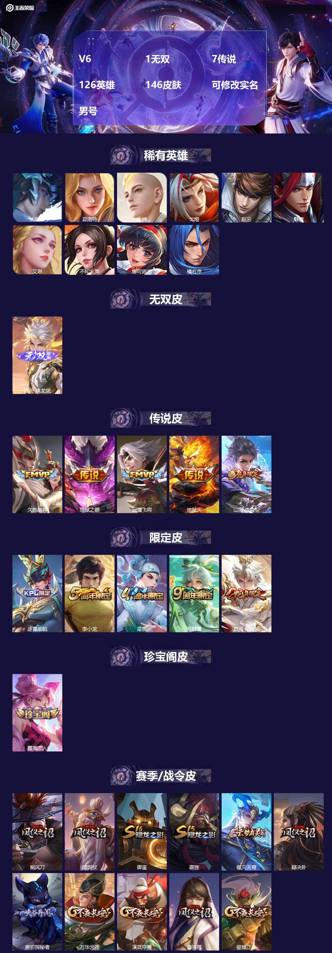 王者荣耀账号苹果QQ[18046636]V6 1无双 7传说 126英雄 146皮肤 可修改实名 男号 
【英雄全皮】孙