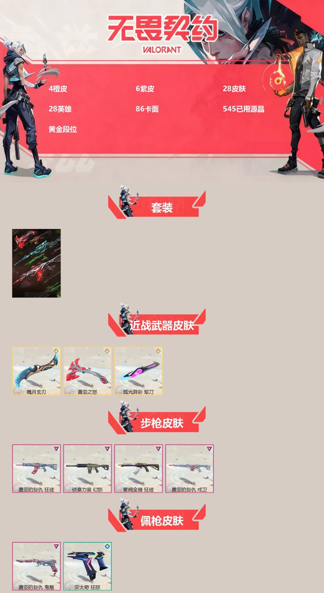 无畏契约账号QQ[]4橙皮 6紫皮 28皮肤 28英雄 86卡面 545已用源晶 黄金段位 
【套装】盖亚的复仇套装