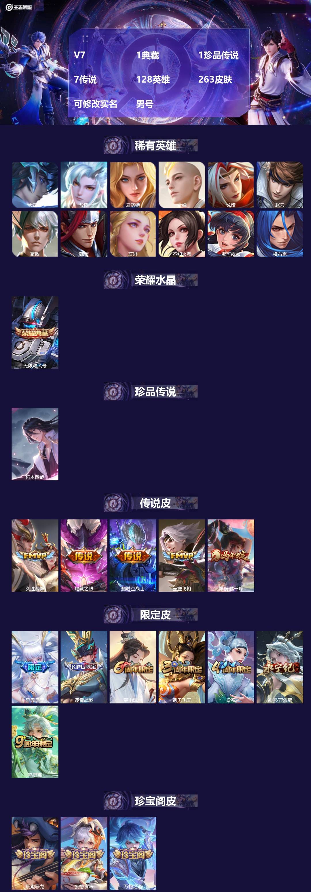 王者荣耀账号苹果QQ[18047586]V7 1典藏 1珍品传说 7传说 128英雄 263皮肤 可修改实名 男号 
【