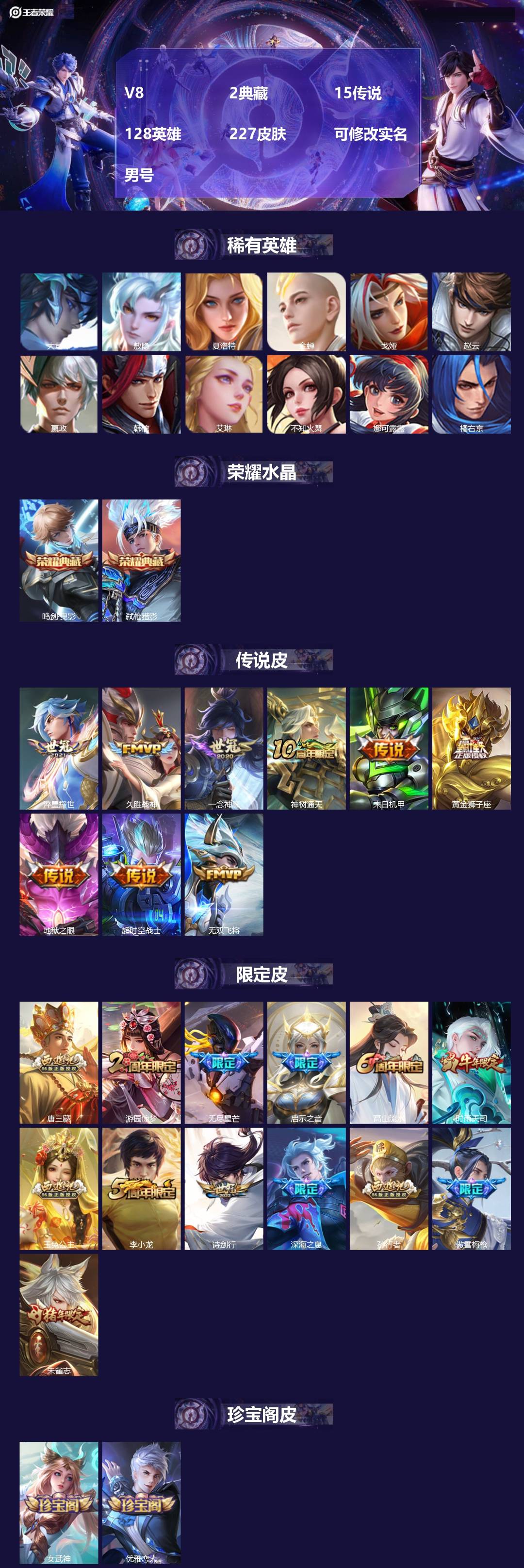 王者荣耀账号安卓QQ[18071461]V8 2典藏 15传说 128英雄 227皮肤 可修改实名 男号 
【英雄全皮】