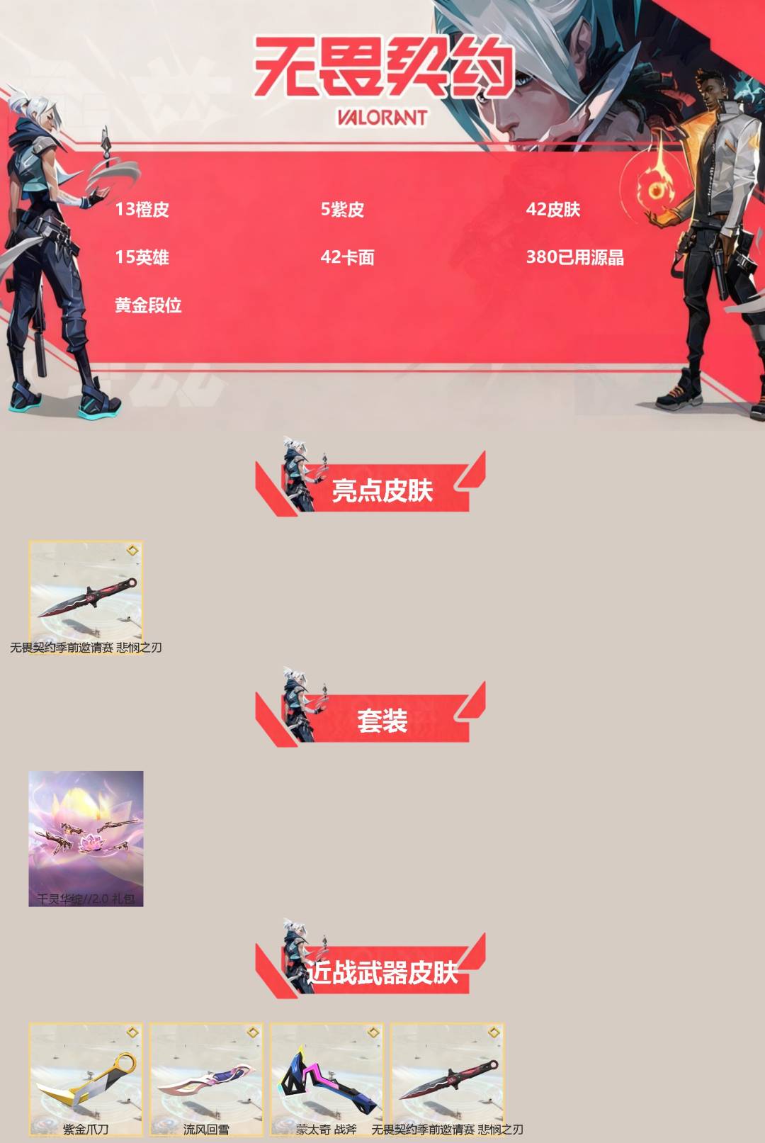 无畏契约账号QQ[]13橙皮 5紫皮 42皮肤 15英雄 42卡面 380已用源晶 黄金段位 
【亮点皮肤】悲悯之刃